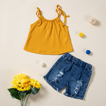 Samgamibaby品牌童裝 夏季新款女童套裝簡約小吊帶+牛仔短褲