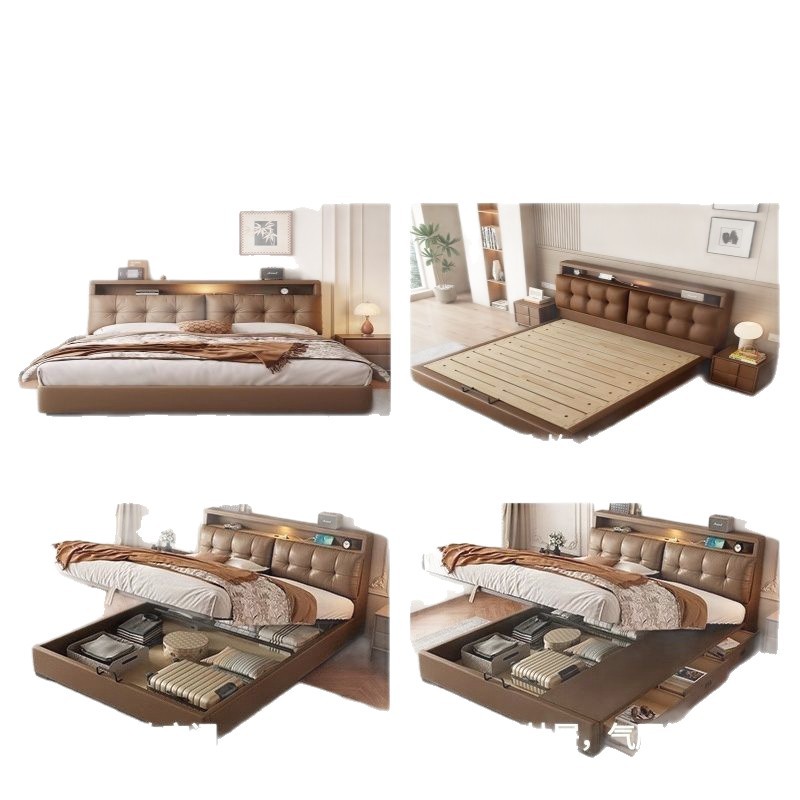 Cama de cuero multifuncional moderna y simple dormitorio principal doble cama de paquete flexible atmósfera italiana cajón de almacenamiento de cabecera de lujo