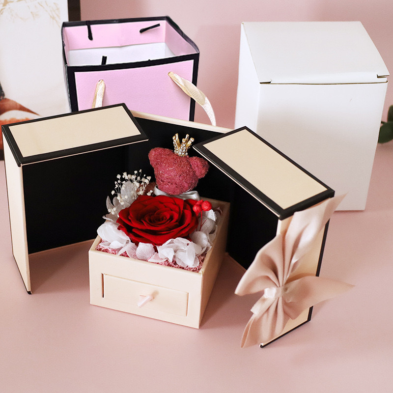 Nuevo oso rosa flor de dos puertas collar caja de regalo regalo de San Valentín flor eterna caja de joyería de rosa transfronterizo