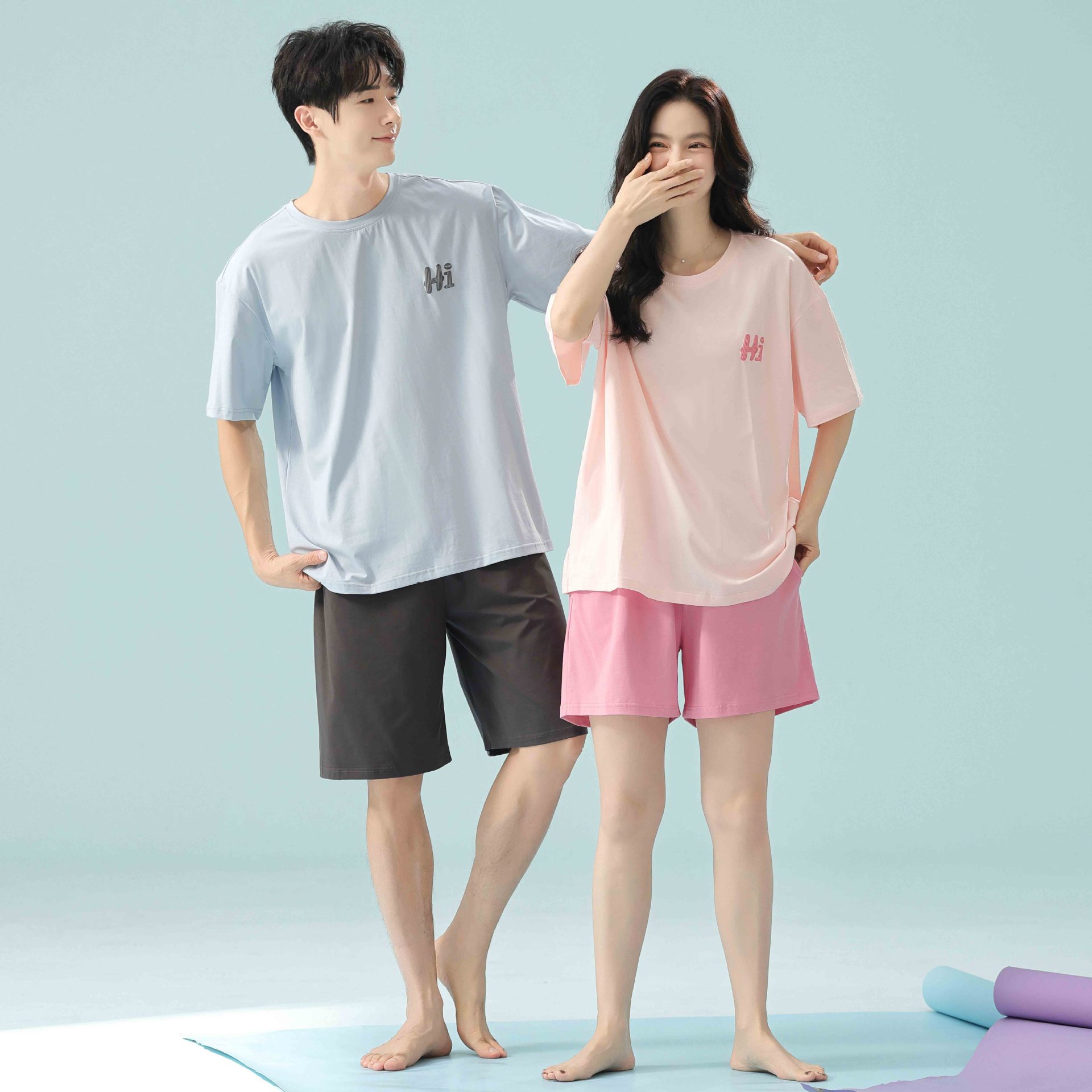 [항균면] 여름 면화 커플 잠옷 여성 반팔 반바지 둥근 목 세트 남자 플러스 사이즈 여름 홈 옷