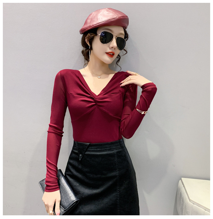 T-shirt da donna slim in rete a maniche lunghe con camicia slim a fondo incrociato_voghion.com