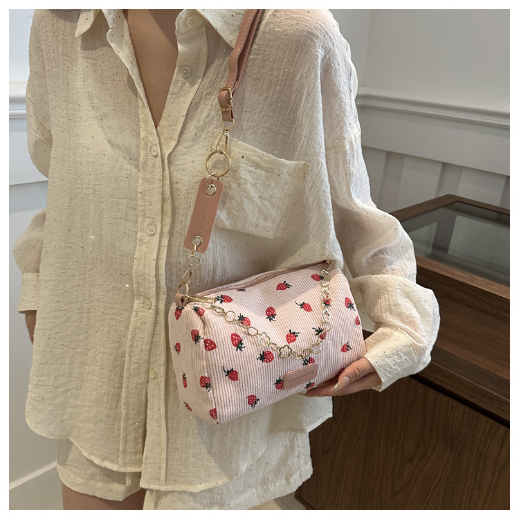 112g Weight Polyester Lining Material Zipper Closure Type Single Shoulder Strap Strap Type Pillow Shape Bag Bags Type Casual, Shopping Occasion Special Material Strawberry Pattern All Seasons Season Women's Gender Basic, Classic Style Style Cylindrical Shape Medium Size Women's Medium Special Strawberry Basic Classic Style Cylindrical Zipper Pillow Shape Bag 11