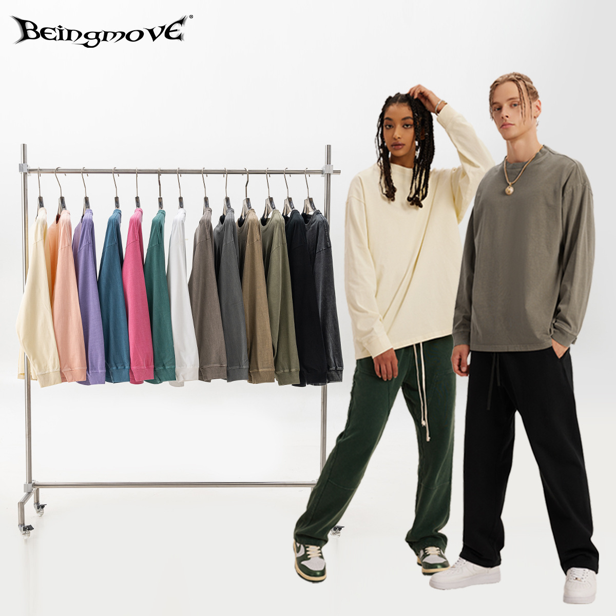 Personalización de BM | 2025 otoño marca de moda americana desgastada Macarons lavados cuello redondo suelta camiseta de manga larga para hombre