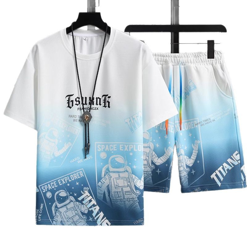 Ice Silk Sports Suit Men's Gradient Astronaut Summer Breathable Training Short-Sleeved Shorts Casual Foreign Trade Cross-Border Wholesale
