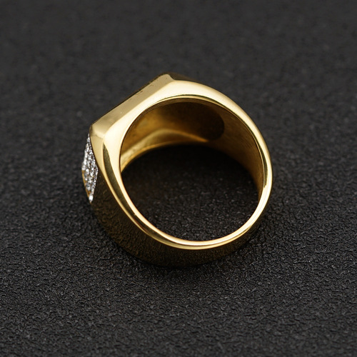 Wish European and American Trendy Nightclub Hip Hop Hiphop Ring Stainless Steel Gold Plated Full Diamond Men's Ring