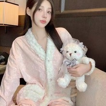 秋冬女海岛绒长袖甜美可爱保暖毛毛领软绵绵睡衣套装家居服可外穿