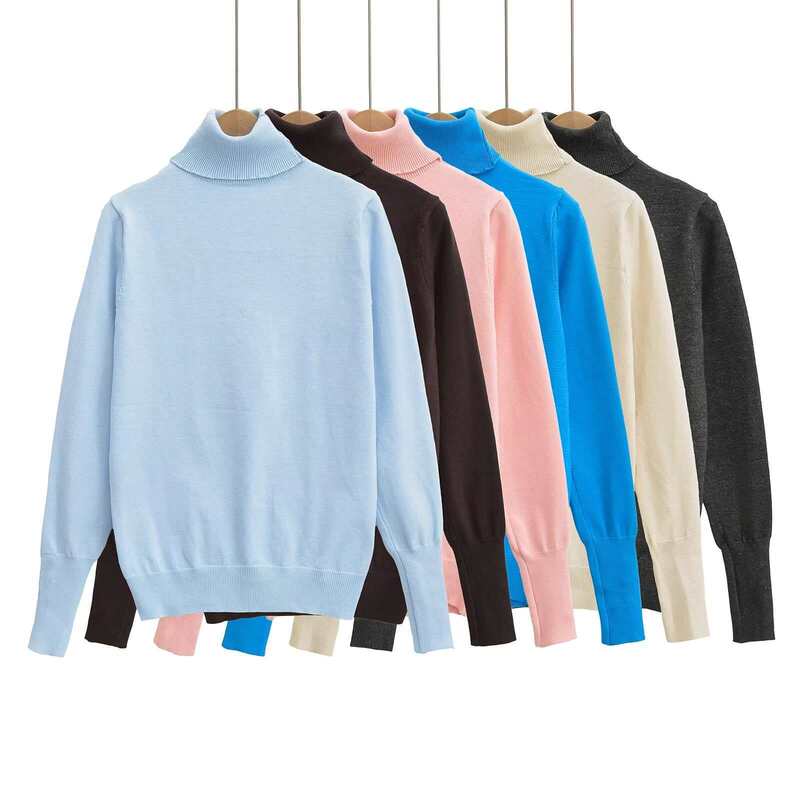Knitted High-Neck Multi-Color Tops Slim Autumn Wholesale Women's Sweaters Light Blue Coffee Color