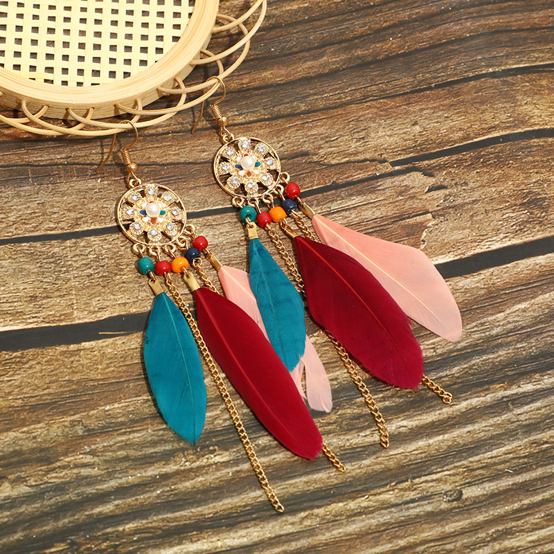 Fashion Hollow Feather Tassel Long Bohemian Pearl Earrings display picture 3