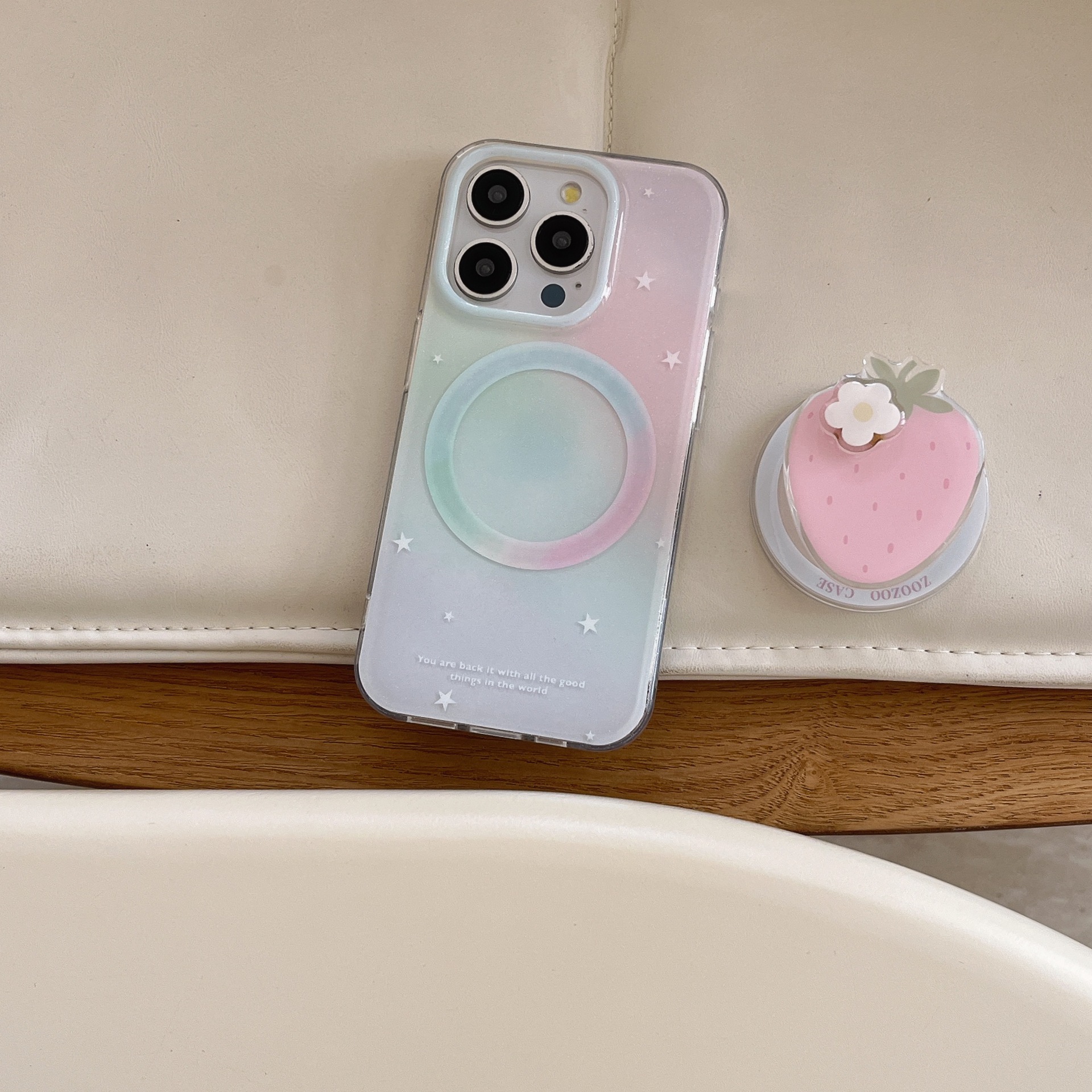 Gradient Star Strawberry Stand Phone Case For 15 Pro, IPhone 16 Magnetic Protective Cover_voghion.com