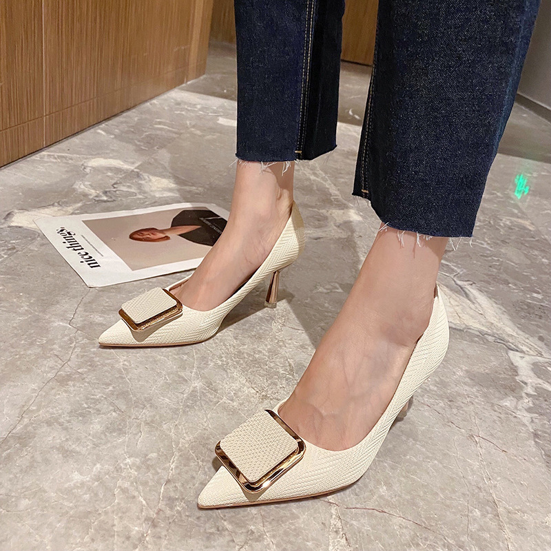 Autumn New Style Temperament Versatile Pointed Metal Buckle Single Shoes Girlish Fashion Celebrity High Heels Women's Shoes