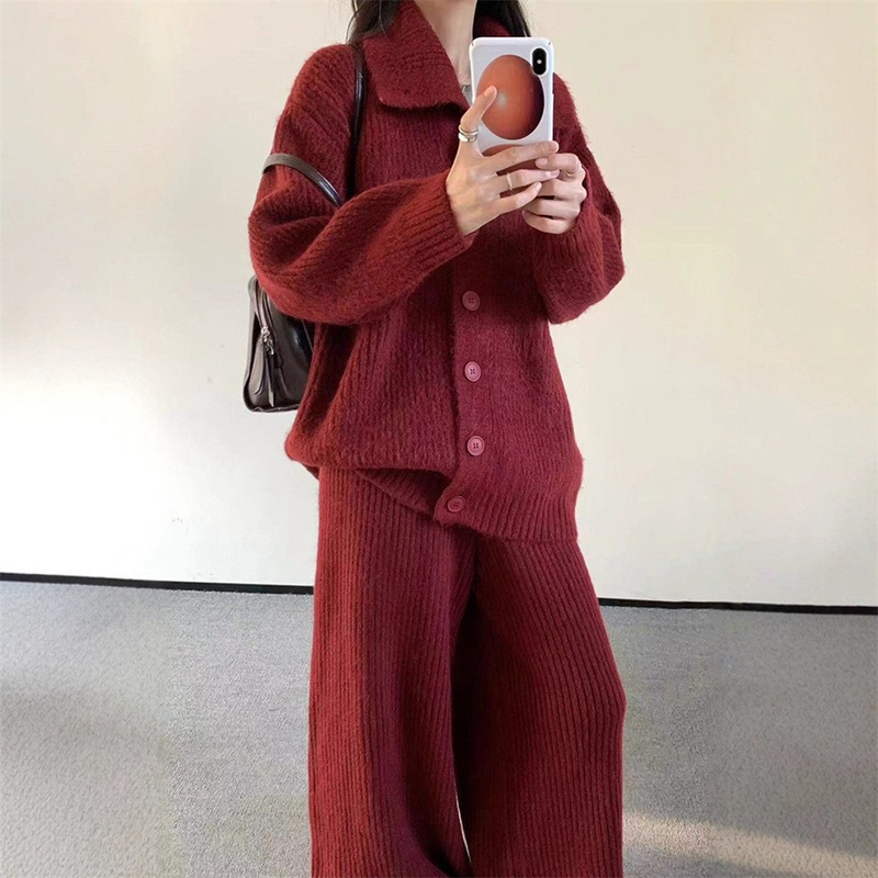韩系纯色休闲翻领针织套装女秋冬装跨境宽松慵懒毛衣阔腿裤两件套|undefined