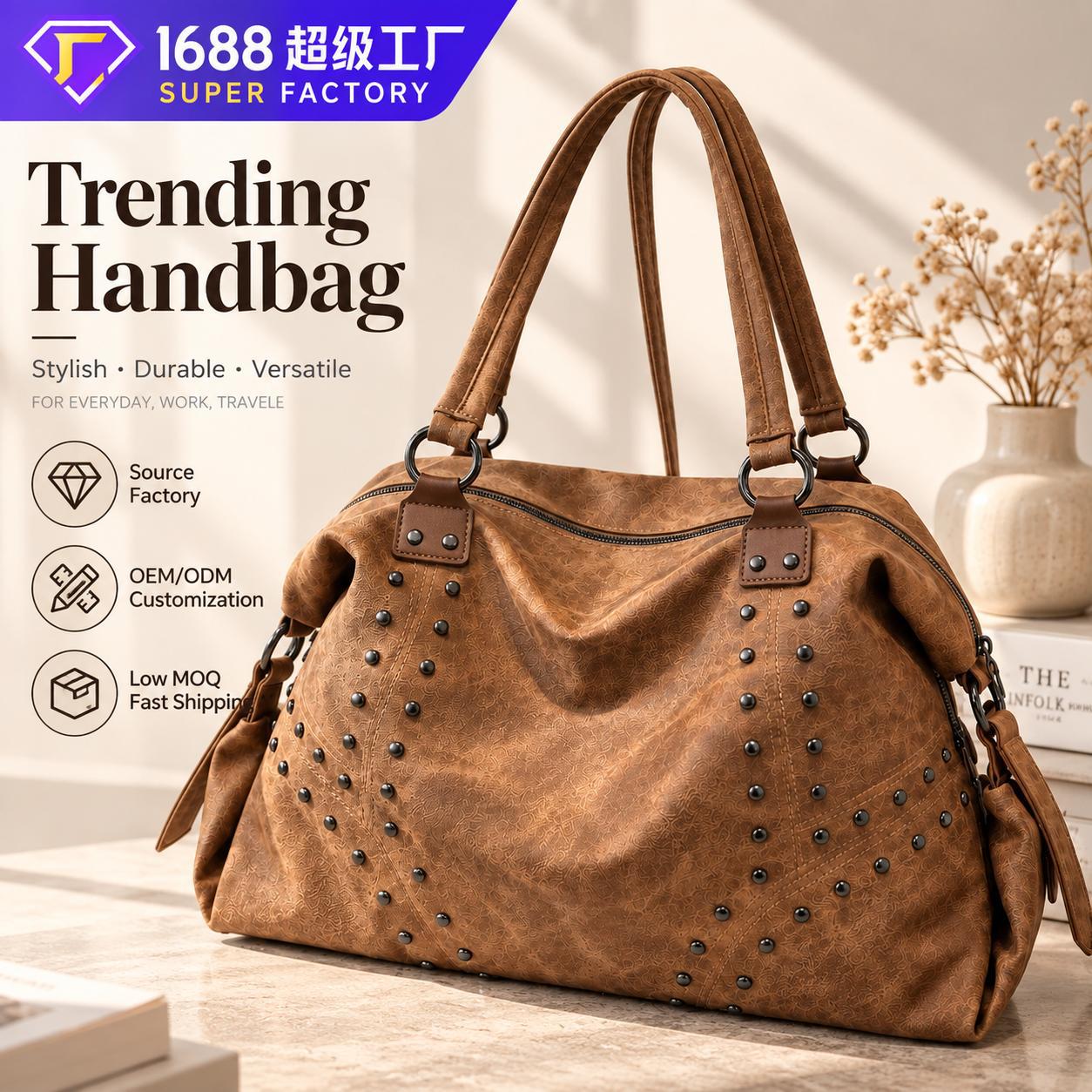 Cross-Border Popular Tote Bag for Women with Rivets, Large Capacity, New Style Shoulder Bag, Retro Handbag, Commuter Trendy Underarm Bag