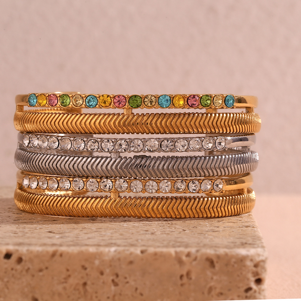 Zircon Inlaid Double Fishbone Open Stainless Steel Bracelet