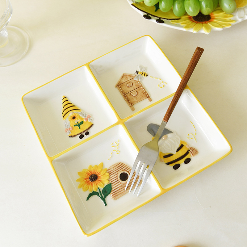 Primavera abejas girasol elf cerámica en relieve plato de cuatro paneles de platos encantadores platos