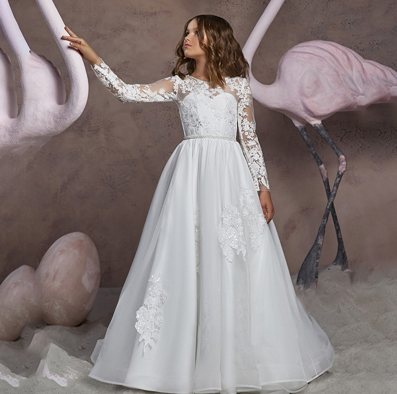 Vestido de niña europeo y americano transfronterizo, de manga larga, con encaje y cuello redondo, para damita de honor, boda, actuación, cumpleaños, tutú.