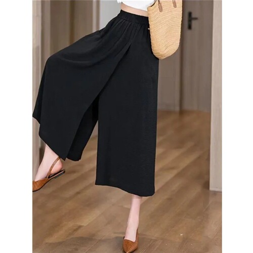 Summer thin and loose high-waisted split lazy style casual wide-leg pants for thick thighs and thigh slimming women's 8-length wide-leg pants
