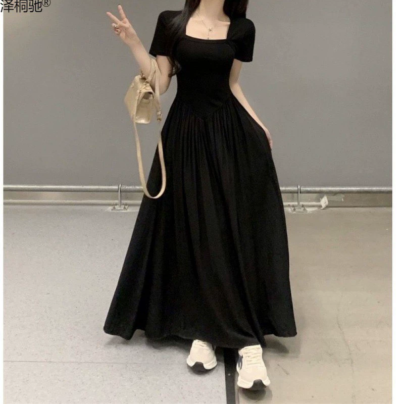 Платье средней длины с талией, новый стиль 2019 года, летний стиль 2023 года, с короткими рукавами, женский дизайн для похудения, длинная юбка