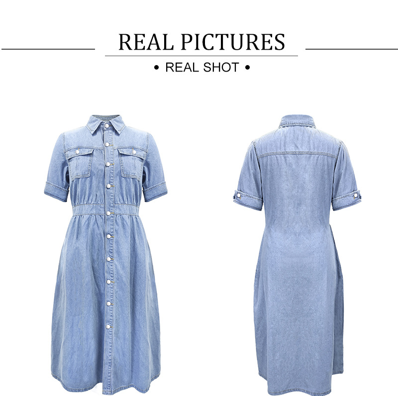 Mid Waist Waist Line Daily Occasion Turndown Neckline Wholesale Women'S Elegant Pocket Solid Color Daily Turndown Short Sleeve Denim Dress