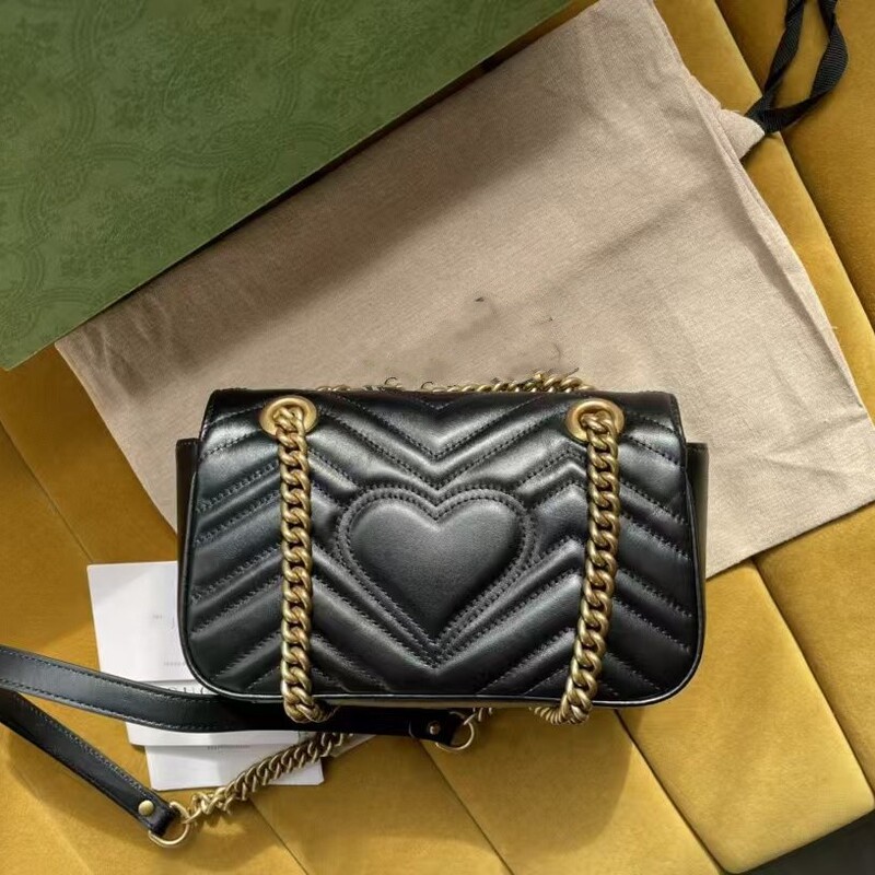 In-Stock Wholesale Gucci Women's Black Shoulder Bag Gucci Heart Bag First Layer Cowhide Factory Goods Guangzhou Double g Bag