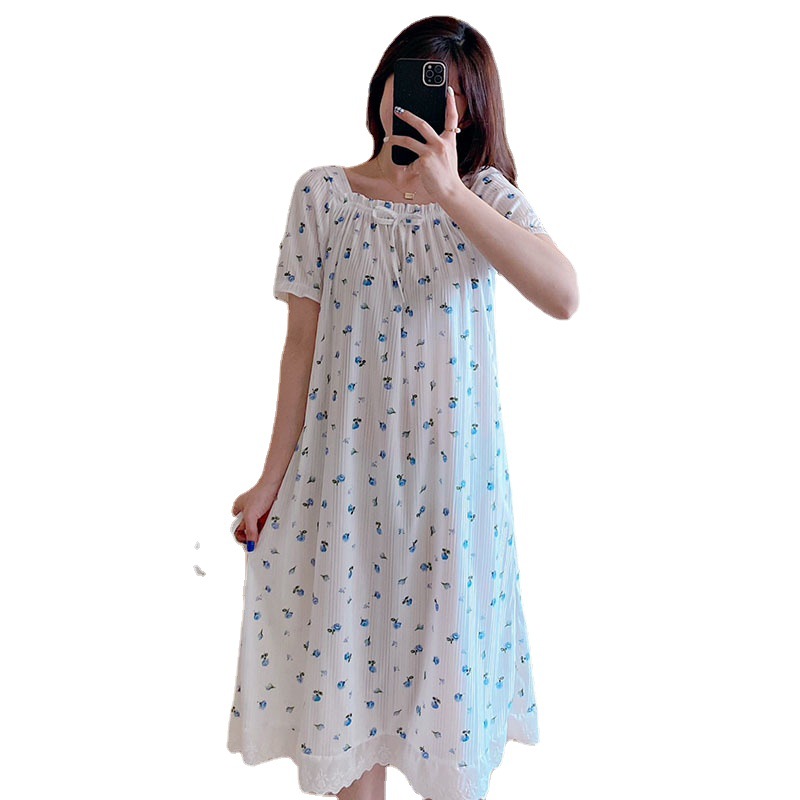 Verano dulce viento pastoral pequeña flor de mangas cortas vestido de pijama de encaje de mujer larga ropa de casa de niñas se puede usar