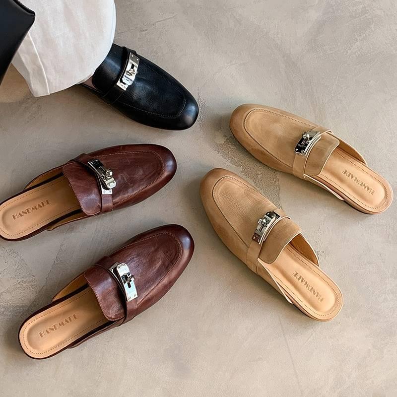 Washable Top-Layer Cowhide Leather~Metal Buckle Closed-Toe Half Slippers for Women, Summer Flat Mule Slippers, Lazy Slip-On Sandals for Women Washable Top-Layer Cowhide Leather~Metal Buckle Closed-Toe Half Slippers for Women, Summer Flat Mule Slippers, Lazy Slip-On Sandals for Women