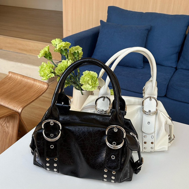 Cross-Border Retro 2026 Spring New Style Metal American-Style Soft Leather Boston Handbag Underarm Pu Leather Women's Shoulder Bag Cross-Border Retro 2026 Spring New Style Metal American-Style Soft Leather Boston Handbag Underarm Pu Leather Women's Shoulder Bag