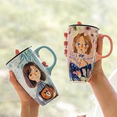 小さな新鮮な大容量セラミックカップかわいい女の子マグ蓋付き高見えホームコーヒーカップ家庭用ウォーターカップ