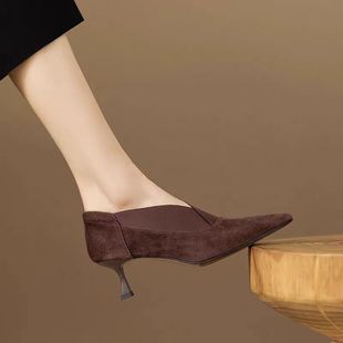 French Burgundy V-Mouth High-Heeled Shoes for Women 2024 Autumn and Winter New Frosted Soft Leather Simple Pointed Toe Stiletto Shoes