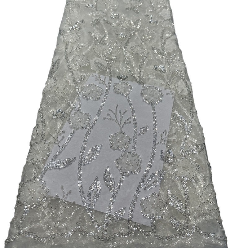 Tejido bordado de bordado de cuentas blancas de encaje de cuentas de tela de alta moda vestido de boda vestido de tela image 6