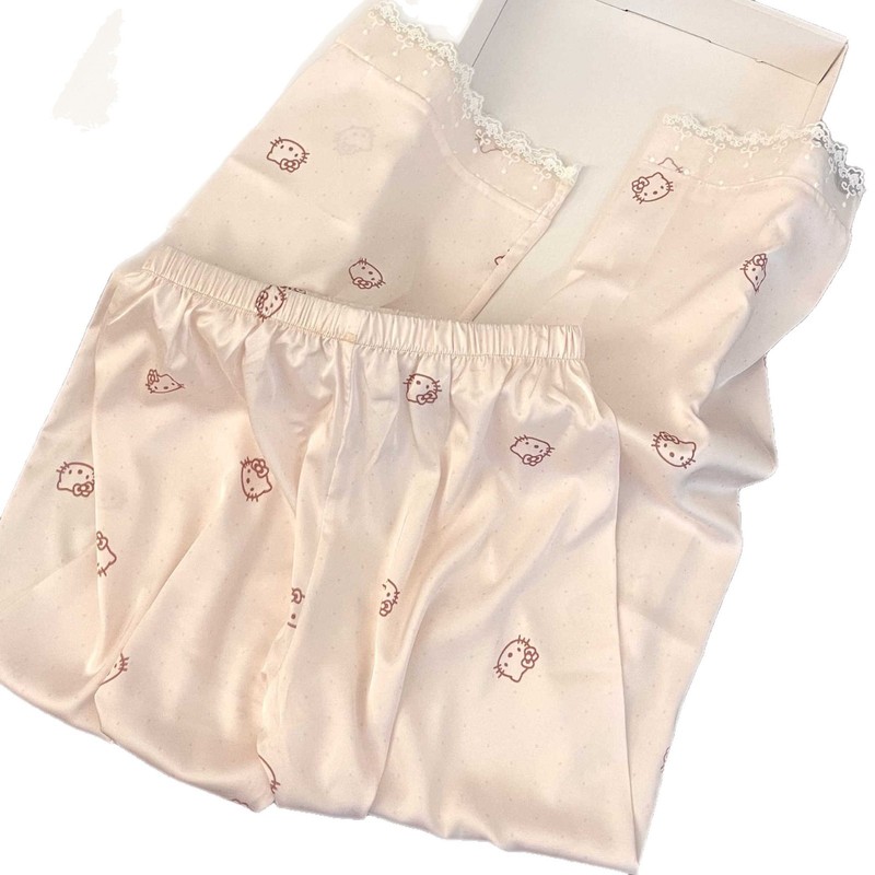 【现货】甜美Kitty花边长袖睡衣女春秋季冰丝亲肤长裤家居服套装|undefined