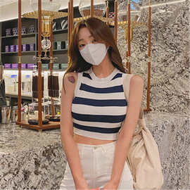 韩版条纹针织背心女夏外穿T恤同款辣妹小吊带运动短款露脐上衣