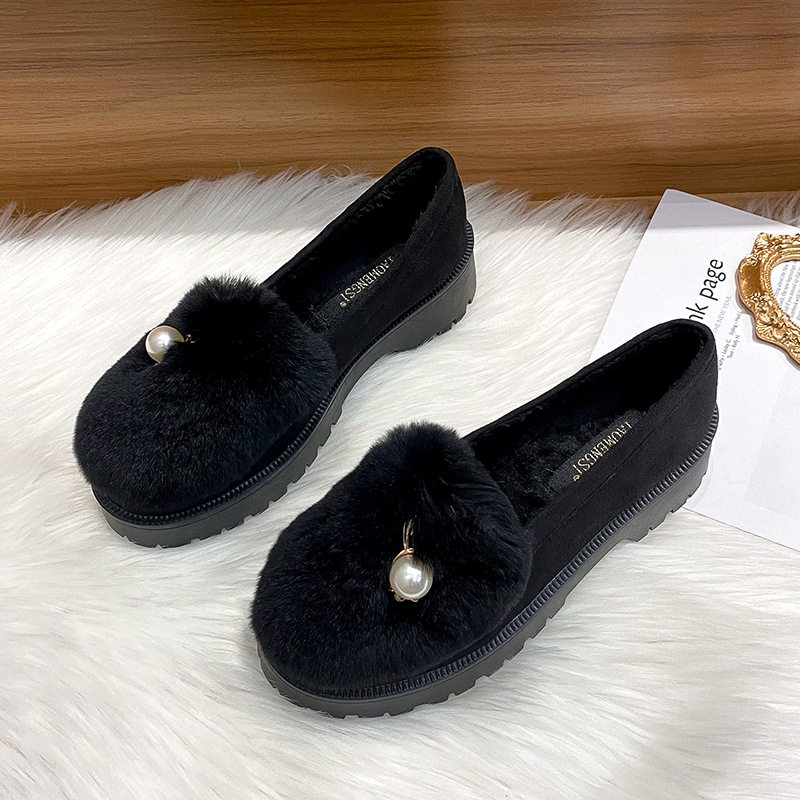 Giày lười nữ lông thỏ thật giữ ấm, đế dày gót vuông 3-5 cm, kiểu Hàn — Màu xám, Màu đen