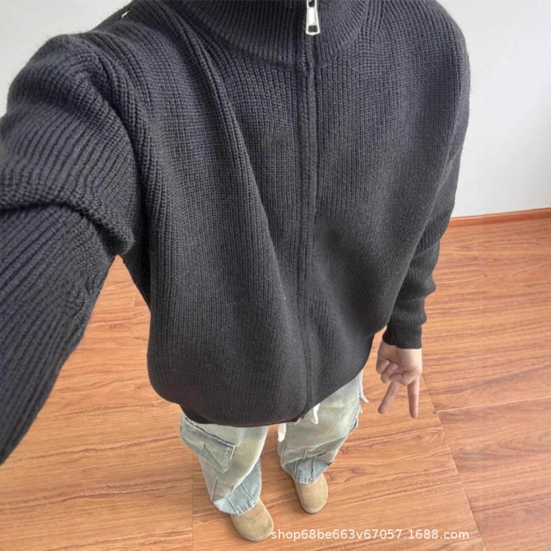 新款灰色拉链毛线衣男春秋半高领针织开衫慵懒高级感正肩外套夹克|undefined