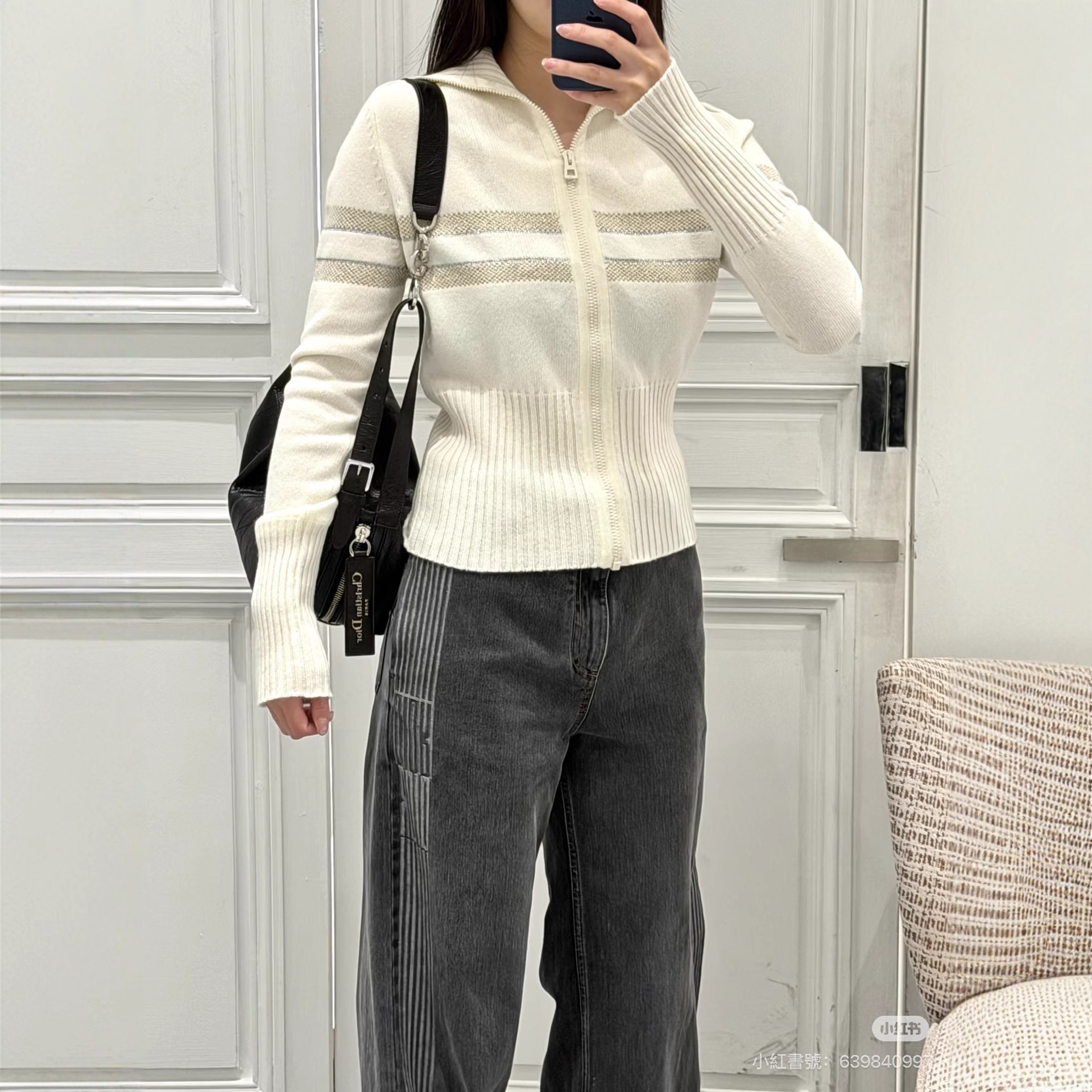 韩系温柔学姐风拉链毛衣女翻领搭配双色细条纹设计松弛感秋冬穿搭