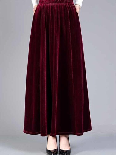 Gold velvet elastic half-length skirt, A-line skirt, women's large-size dance dress, high waist, slimming, all-match long dress