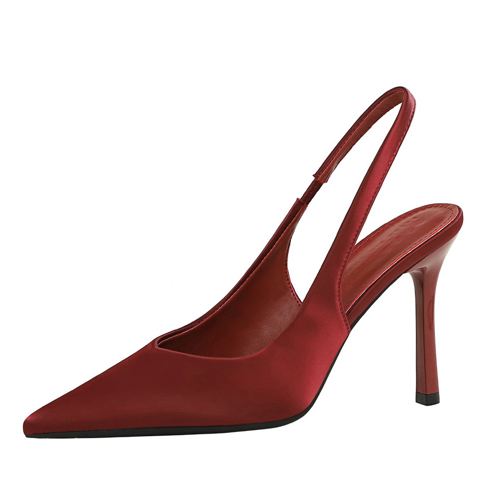 3526 Korean Style Simple Banquet Heels Thin Satin Backless Plain Back Strap Pointed Toe High Heel Single Women's Shoes_vogvips.com