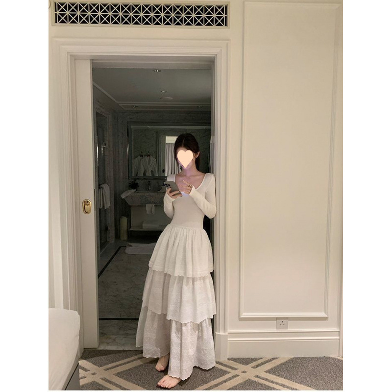 月光少女法式高级气质长袖裙子女秋季新款2025温柔蛋糕长裙连衣裙|undefined