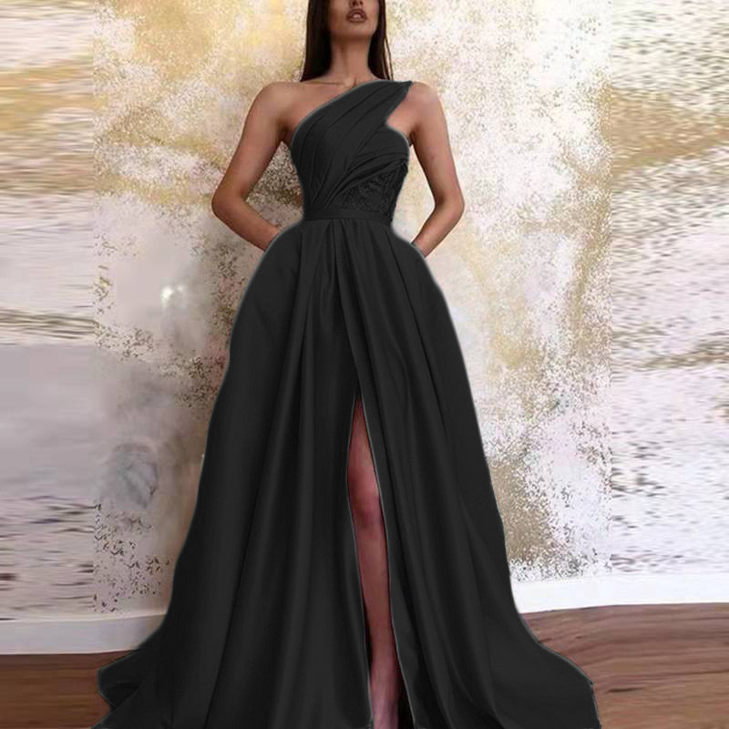 Vestido Largo de Noche Sexy con Abertura y Hombros Descubiertos, Nuevo Estilo Europeo y Americano para Primavera 2025, Comercio Exterior, Amazon, Transfronterizo, para Mujer