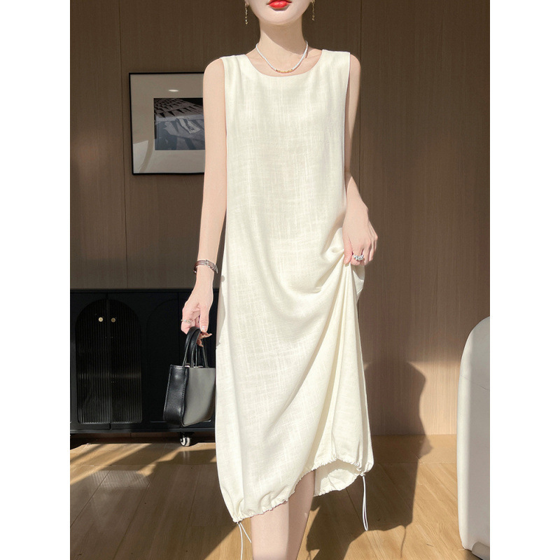 Linen Round Neck Sleeveless Dress, Feminine Thin Loose Edge with Mid-Length Skirt Drawstring Suspender Dress