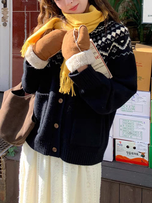 新款复古费尔岛氛围设计慵懒风毛衣开衫文艺圆领针织衫女百搭外套|undefined