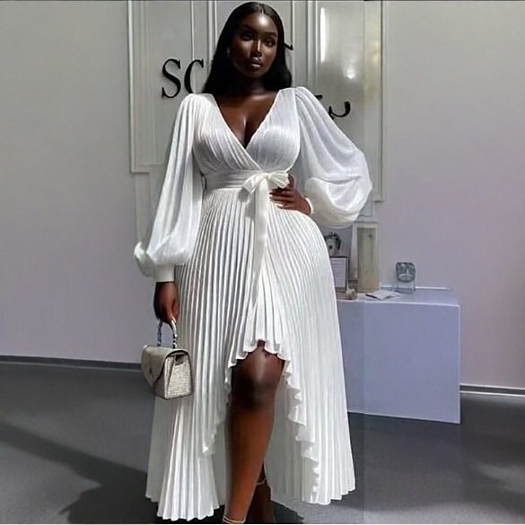 2025 New European and American Cross-Border Women's Fashion V-Neck Puff Sleeve Pleated Tie-Up Long Dress 2025 New European and American Cross-Border Women's Fashion V-Neck Puff Sleeve Pleated Tie-Up Long Dress