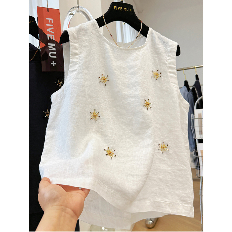 女性用のハイエンドのヘビービーズノースリーブシャツ、夏用フレンチスタイルのノースリーブリネントップ、アウターベスト|undefined