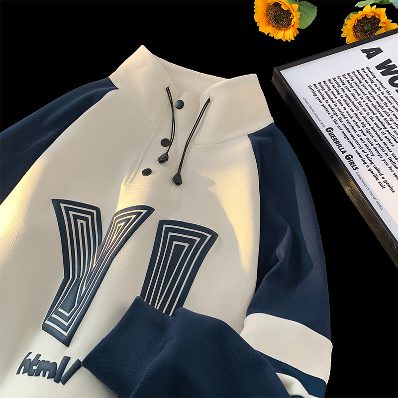 Spring men's standing collar hoodie with contrasting color design and patchwork printed sports pullover for men_voghion.com