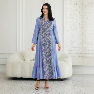 Amazon's Best Selling New Middle Eastern Muslim Dress Printed Waist Tie European and American Elegant Dress Dress
