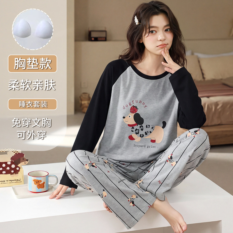 Spring and autumn pajamas for women, breathable, anti-bump, cartoon design, with built-in chest pads, plus size, long-sleeved, long pants, loungewear set Spring and autumn pajamas for women, breathable, anti-bump, cartoon design, with built-in chest pads, plus size, long-sleeved, long pants, loungewear set