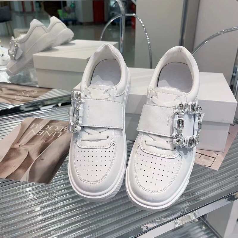 Genuine Leather Thick-Soled White Shoes for Women 2026 Spring and Autumn New Style Square Buckle Rhinestone Thick-Soled Height-Increasing Slip-On Soft-Soled Sneakers for Women