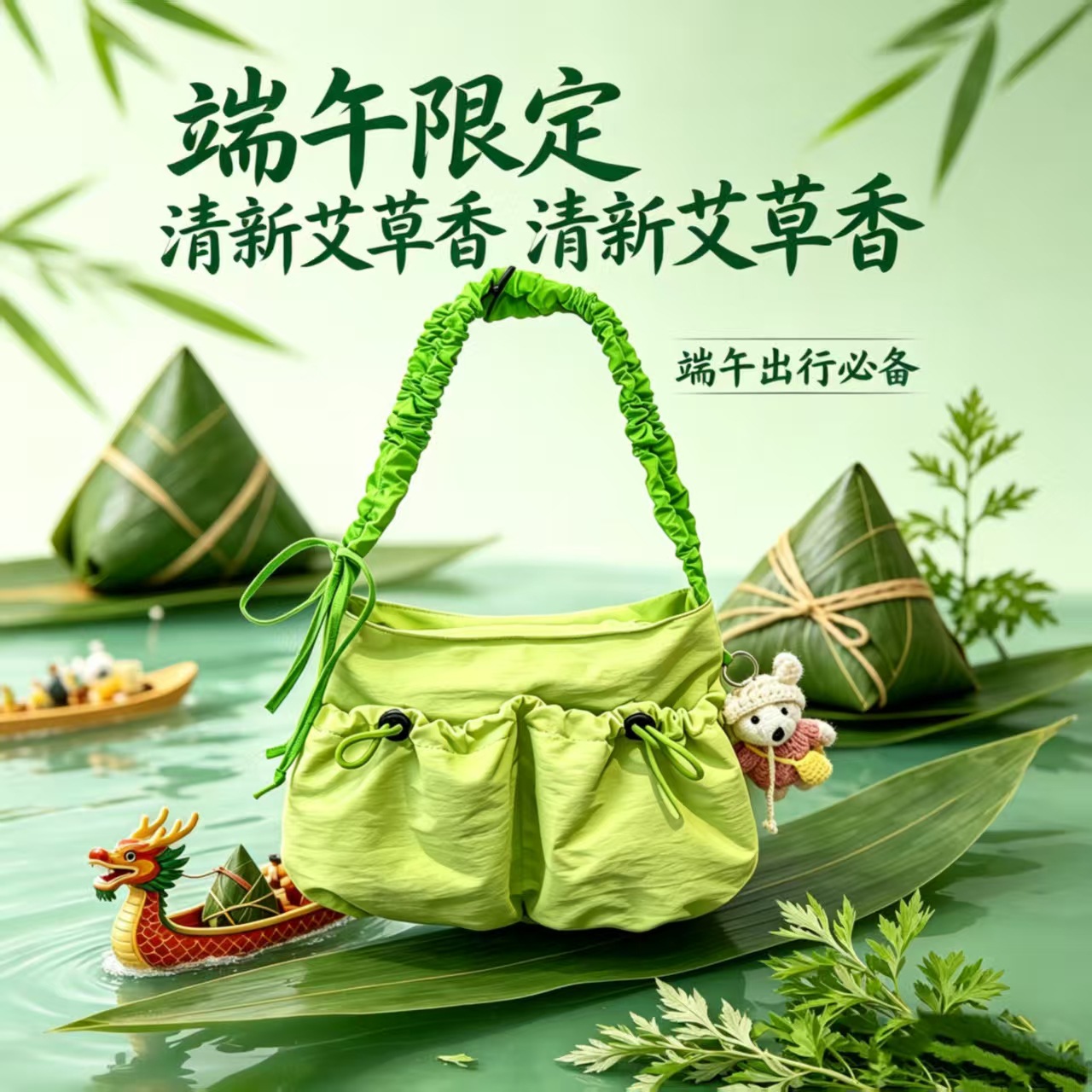 跨境国风艾草绿端午限定包包褶皱设计清新香氛休闲出行单肩腋下包