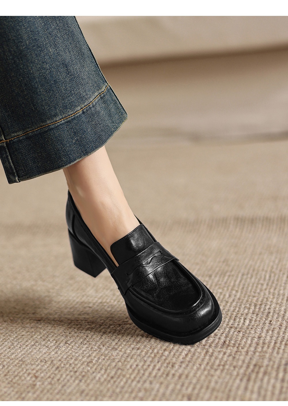 Giày cao gót nữ mũi tròn da dê gót vuông ổn định kiểu loafer — màu nâu chi tiết 14
