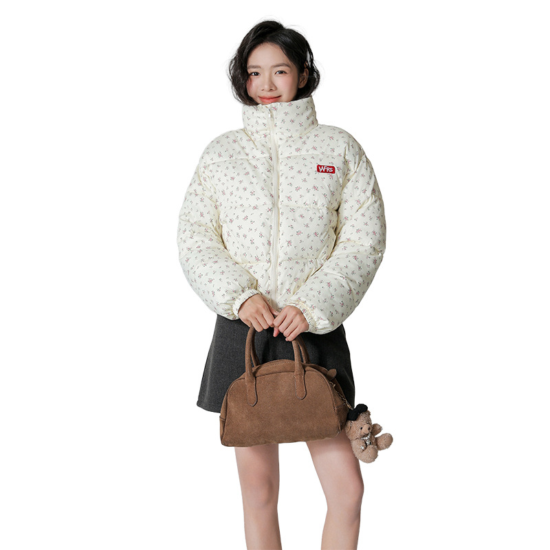 2025 mujeres de invierno nuevo estilo americano retro corto de flores cortas ropa de algodón de cuello vertical suelta gruesa abrigo de tendencia cálida