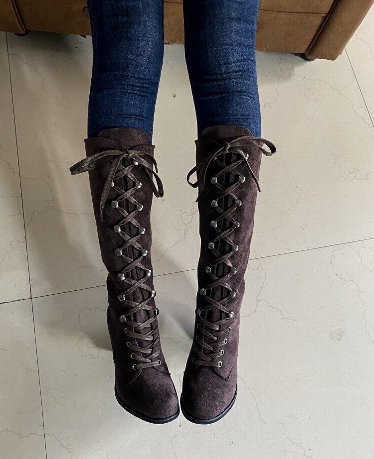 Women's Plus Size High Heeled Fashion Boots Chunky Heel Suede Cross Strap Long Boots European American Style Winter Slimming_vogvips.com